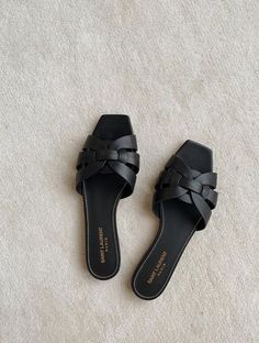 If you're looking for trending designer sandals, you'll love these 15 chic everyday options. These flat black Saint Laurent Tribute sandals are just one option that we love. Sandals Outfit, Slingback Shoes, Prada Leather