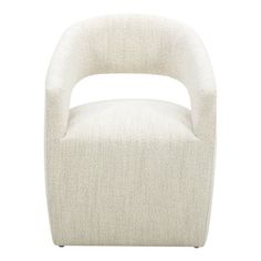 an upholstered white chair with a rounded back and foot rest, viewed from the front