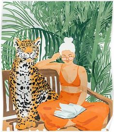 a painting of a woman sitting on a bench next to a large tiger in front of her