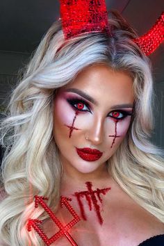 DIY Halloween Hairstyles For Long Hair ★ Blonde Devil Halloween Hairstyle Devil Makeup Looks Halloween, Devil Makeup Halloween Easy, Devil Makeup Halloween Pretty, Halloween Makeup Devil, Devil Makeup Look, Halloween Devil Makeup, Devil Halloween Makeup, Devil Makeup Halloween, Girl Halloween Makeup