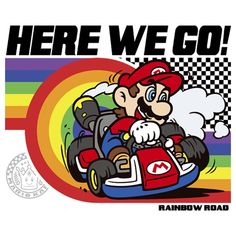 an image of mario kart driving on the road with rainbows in the background