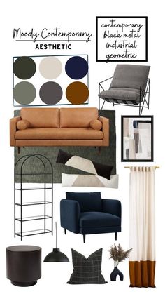 a living room with furniture and accessories in shades of blue, brown, grey, and white