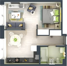 an overhead view of a living room and bedroom in a one - bedroom apartment at the park