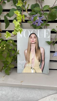 a magazine sitting on top of a wooden bench next to flowers and greenery in front of a wall