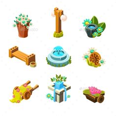 a bunch of different types of objects that are in the shape of flowers and trees