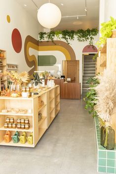 the inside of a store with shelves filled with items and plants on display in front of them