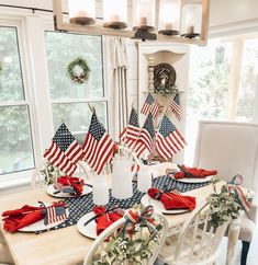 a dining room table with american flags on it