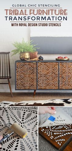 the royal design studio stencils are being used to create this unique sideboard