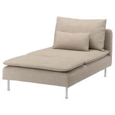 a beige chaise lounger with two pillows on the back and one arm extended