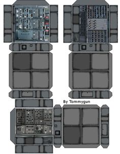 four different views of the cockpits and controls in an airplane, with text below