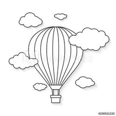 a hot air balloon flying in the sky with clouds and sun on it's side