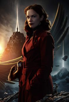 a woman in a red trench coat standing next to an alien city with two giant wings