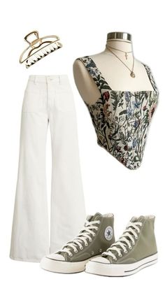 a woman's outfit with white pants and converse sneakers