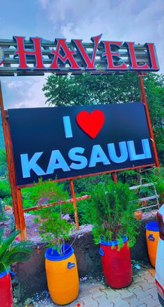 i love kasauul sign in front of some colorful planters with plants growing under it