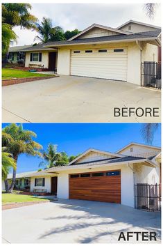 before and after photos of a house with garage doors painted to match the color scheme