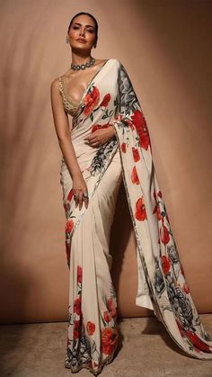 Floral Print Sarees, Rohit Bal, Embellished Blouse, Indian Couture, Stylish Sarees, Indian Attire, Designer Sarees, Modern Dress