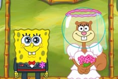 spongebob is holding a bouquet of flowers in front of an image of her husband