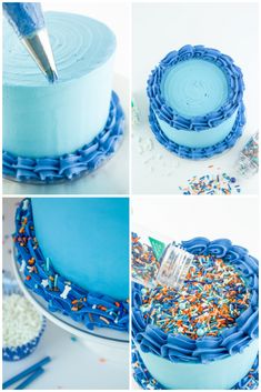 blue cake with sprinkles and a knife sticking out of the icing