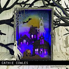 a halloween card with an image of a ghost and a spooky house in the background