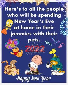 a happy new year card with cartoon characters and fireworks in the background, says here's to all the people who will be spending new year's eve at home in their jammies with their pets