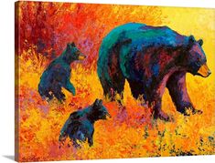 an oil painting of two bears and their cubs walking through the grass with trees in the background