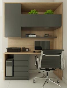 an office with a desk, chair and shelves