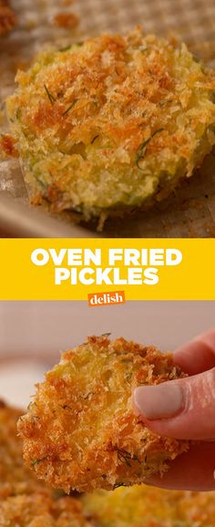 an image of oven fried pickles being held up