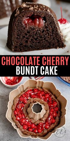 chocolate cherry bundt cake with whipped cream and cherries