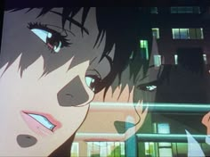 two anime characters staring at each other in front of a cityscape with buildings