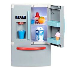 an open refrigerator with ice cream and drinks in it