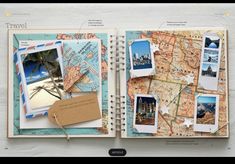 an open travel book with pictures and photos on the pages, attached to a clipboard