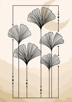 four flowers with lines on them in front of a beige background and an image of mountains