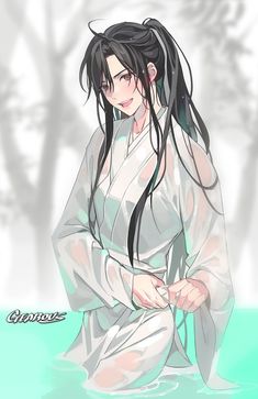 an anime character with long black hair sitting in the water