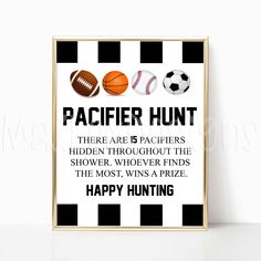 a black and white striped frame with some sports balls on it that says pacificr hunt