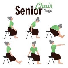 an elderly woman doing yoga poses for her body and knees, sitting on a chair