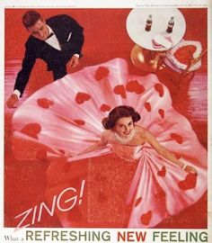 an advertisement for zing, featuring a woman in a pink dress and man in a tuxedo