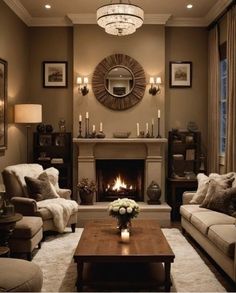 a living room filled with furniture and a fire place in the middle of the room