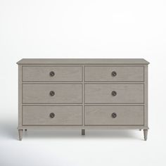 a grey dresser with six drawers and two doors on each drawer, in front of a white background