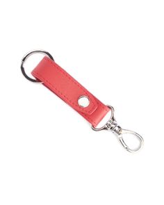 a red leather keychain with a metal hook