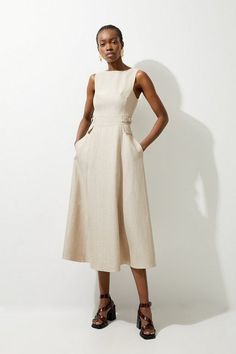 Premium Linen Tab Waist Detail Full Skirt Tailored Midi Dress | Karen Millen Work Outfits Business Casual, Hen Do Outfits, Linen Casual Dress, Petite Wedding Guest Dresses, Casual Work Dresses, Spring Wedding Guest Dress, Petite Business Casual, Ibiza Outfits, Honeymoon Outfits