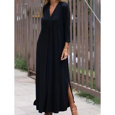 Season:Summer,Spring,Autumn,Fall; Fabric:Satin; Sleeve Length:Long Sleeve; Look After Me:Machine wash; Gender:Women's; Style:Fashion,Casual,Basic,Classic; Elasticity:Micro-elastic; Occasion:Beach,Daily,Vacation; Fit Type:Loose Fit; Dresses Type:Black Dress,Casual Dress,Cotton Linen Dress; Pattern:Plain; Design:Split; Neckline:V Neck; Front page:FF; Listing Date:07/19/2023; Production mode:External procurement; 2024 Trends:2023; Bust:; Length:; Dress Length Type:Maxi long Dress; Print Type:non-pr How To Fold Sleeves, Comfy Dresses, Loose Outfit, Yoga Shorts, Denim Jumpsuit, Belleza Natural, Comfortable Dress, Look Chic, Linen Dress