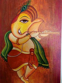 an oil painting on wood depicting the god ganesha with his flute in hand