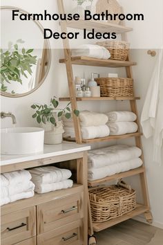 Enhance the rustic farmhouse aesthetic with efficient and stylish storagefeaturing wooden shelves and basketsThese elements not only provide practical storage solutions but also add to the overall charm and warmth of the space. Farmhouse Bathroom Shelves, Bathroom Shelving Ideas, Rustic Farmhouse Bathroom, Farmhouse Bathroom Design, Farmhouse Bathroom Decor Ideas, Bathroom Shelving, White Shiplap Wall, Farmhouse Decor Ideas, Shelving Ideas