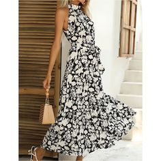 Black Floral Print Halter Maxi Dress Dress Stand, Printed Summer Dresses, Weave Style, Sleeves Clothing, Suspender Dress, Slim Dresses, Maxi Dresses Casual, Style Maxi Dress, Everyday Dresses