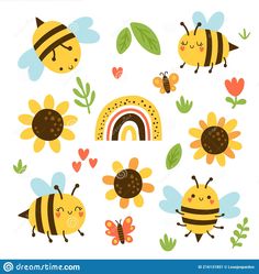 bees and flowers clipart set with hearts, sunflowers and rainbow in the background