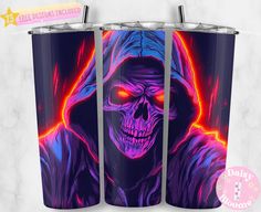 two tumblers with the image of a skeleton wearing a hoodie and glowing eyes