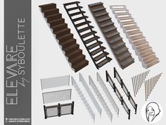 an assortment of shelves and railings for various types of furniture