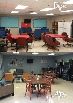 before and after photos of an office break room with chairs, desks, and refrigerator