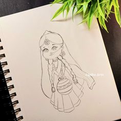 a drawing of a girl with long hair wearing a dress and holding a potted plant