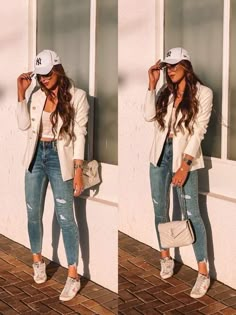 Outfits Com Blazer, Casual Leggings Outfit Summer, White Hat Outfit, Ny Outfits, Outfits Con Jeans, Blazer White, Outfit Mujer, Blazer With Jeans